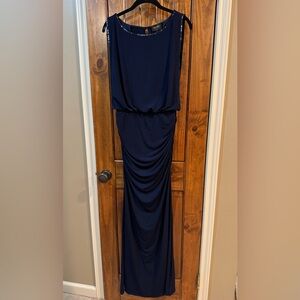 Laundry By Shelli Segal Navy Blue Sleeveless Ruched Beaded Formal Dress